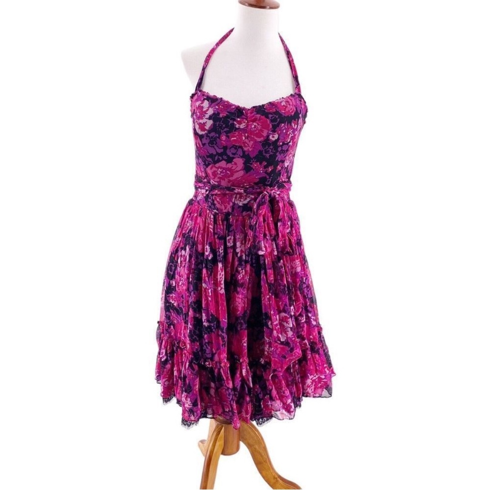Betsey Johnson Collection Dress Vintage Y2K 90s Silk Size 10 Floral Made in USA